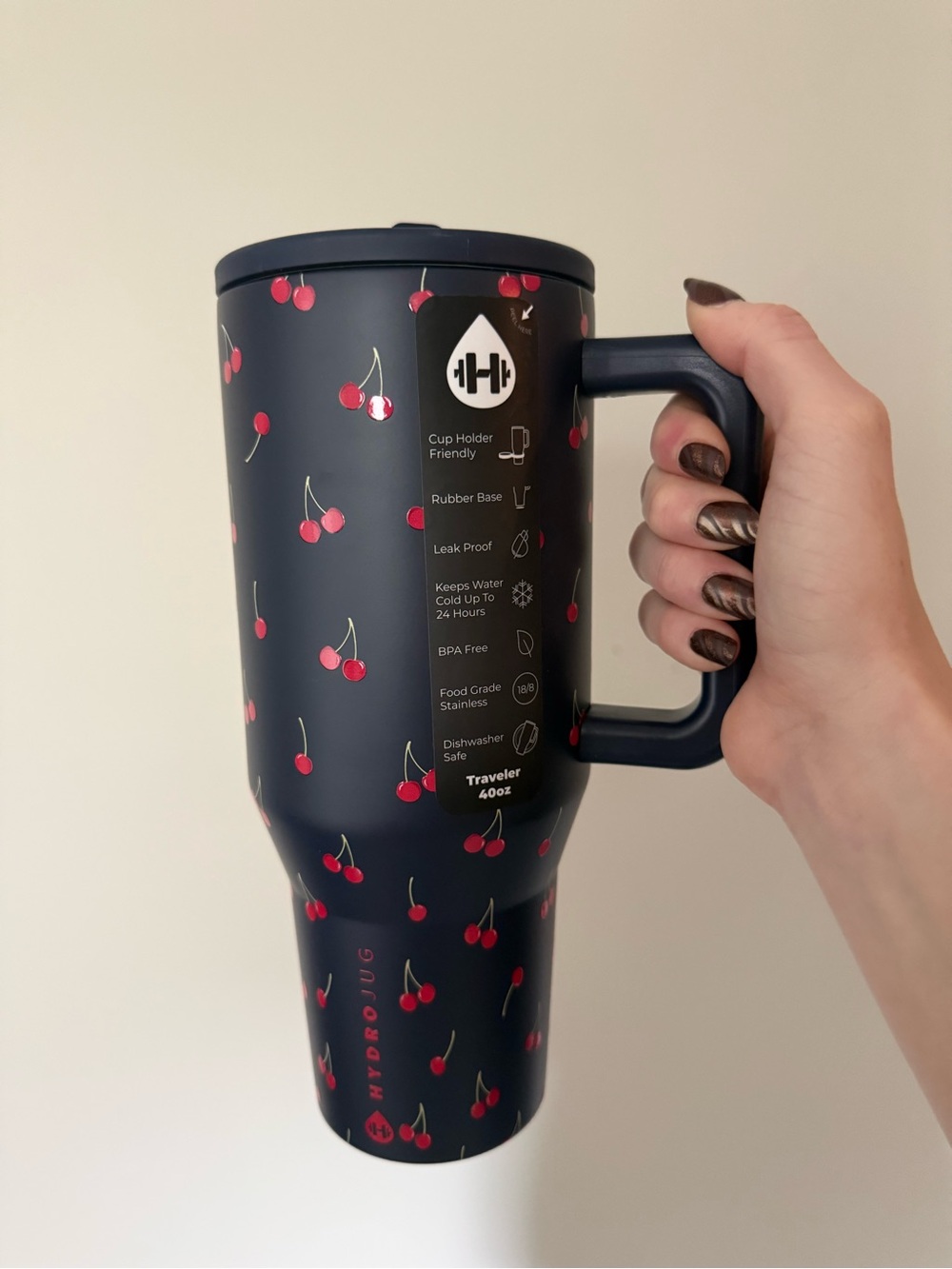 HydroJug Navy Traveler Mug with Cherry Print